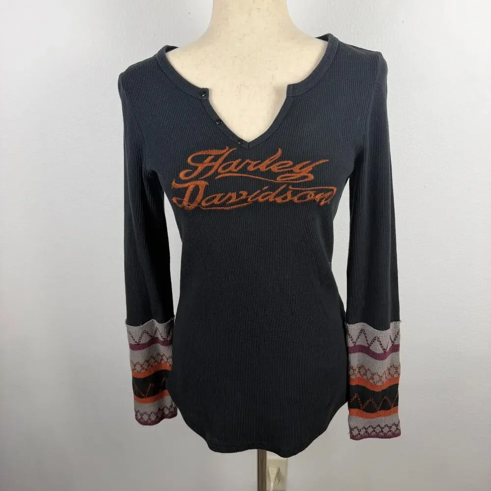 Harley-Davidson Black Thermal Long Sleeve Shirt Y2K Retro Women's Small V neck - Picture 1 of 11